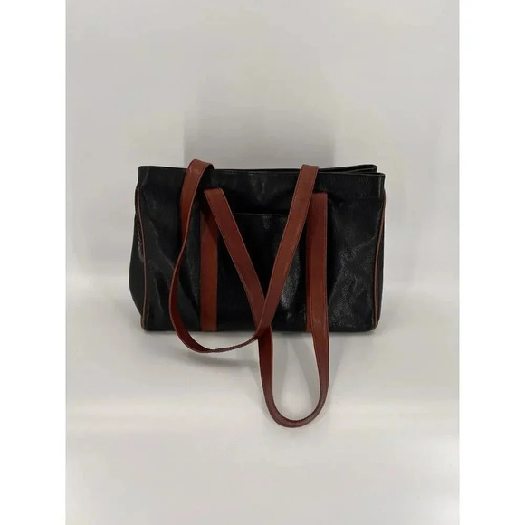 Vintage GIUDI Italian Leather Marchio Purse Bag Large Black w Brown 10H x 14.75W - Picture 1 of 16